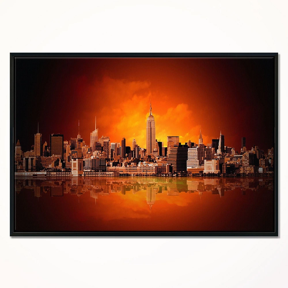 Design Art New York City Panorama in Red Light Framed Canvas Art Print