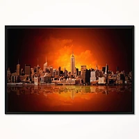 Design Art New York City Panorama in Red Light Framed Canvas Art Print