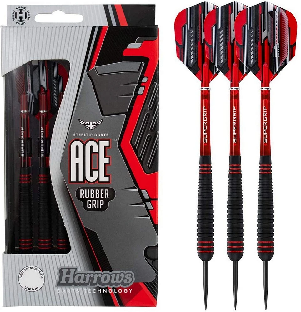 Fléchettes de poignée en caoutchouc Harrows Ace - Comprend trois fléchettes en laiton massif à pointe en acier, trois tiges Supergrip et trois empennages Marathon - 26 grammes