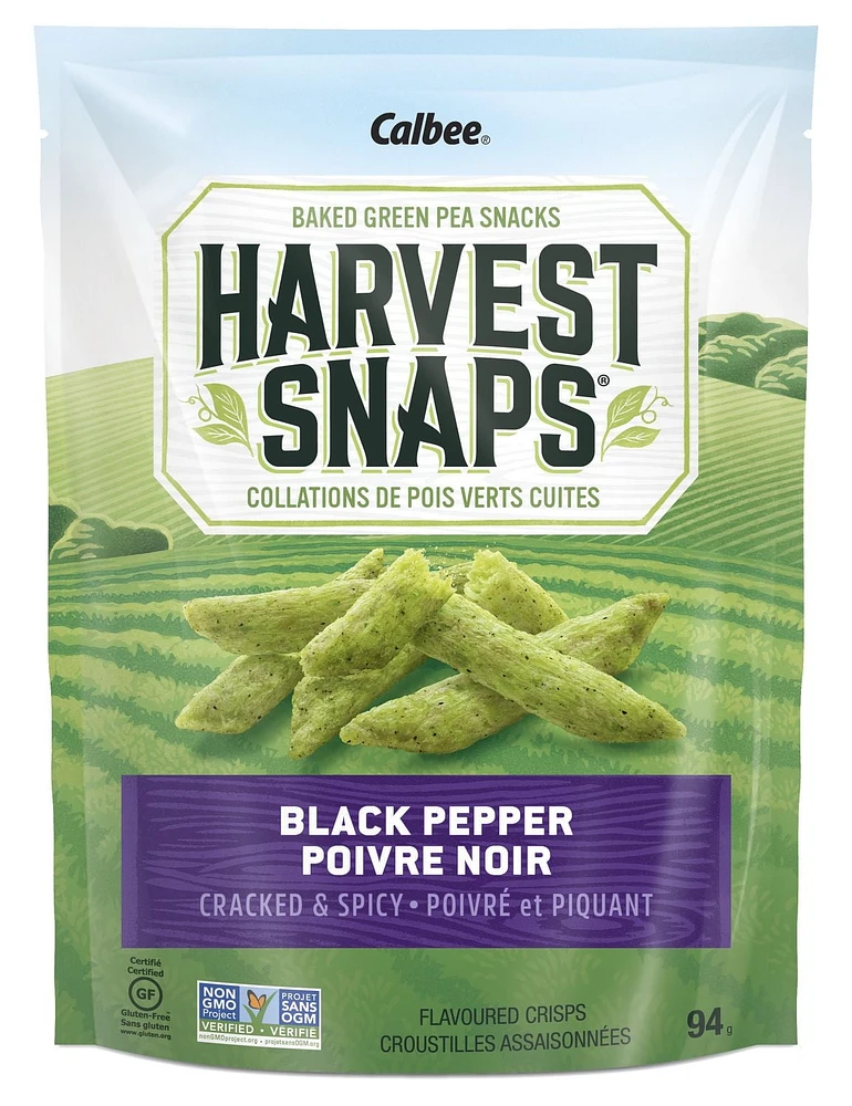 Calbee Harvest Snaps Snapea Crisps Black Pepper Gluten Free Baked Green Pea Crisps 94g, Harvest Snaps Snack Crisps Black Pepper 94g