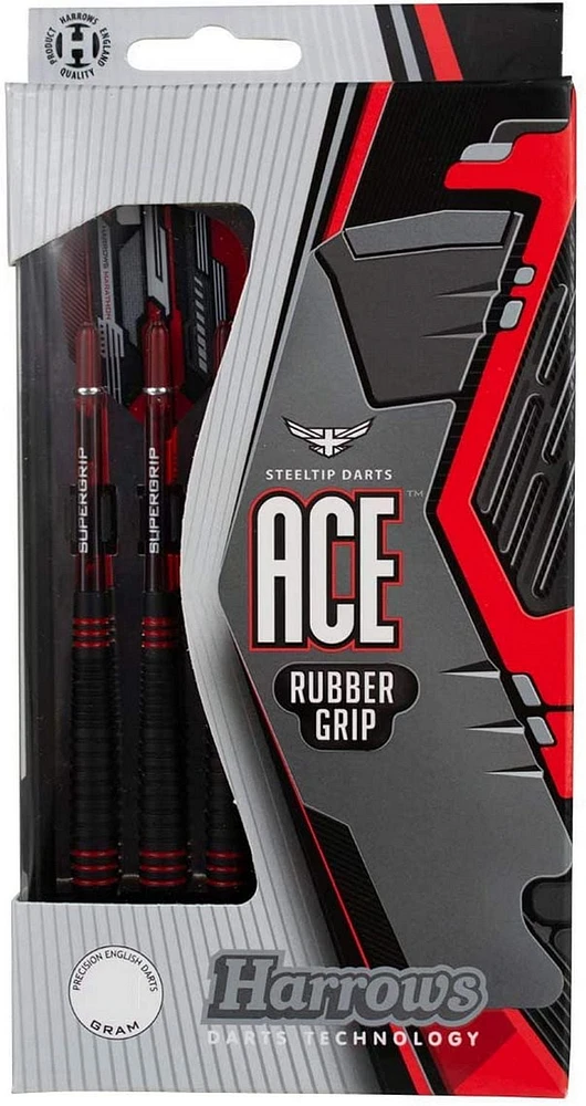 Fléchettes de poignée en caoutchouc Harrows Ace  - Comprend trois fléchettes en laiton massif à pointe en acier, trois tiges Supergrip et trois empennages Marathon - 26 grammes