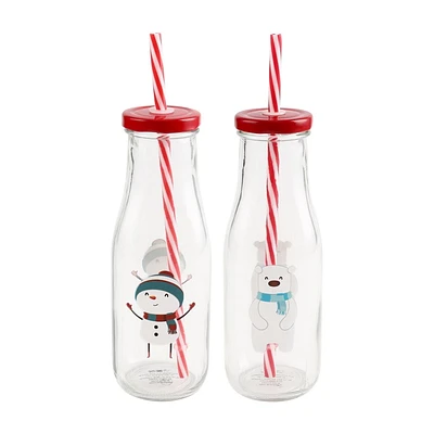 BOUTEILLE EN VERRE -bonhomme de neige + OURS POLAIRE