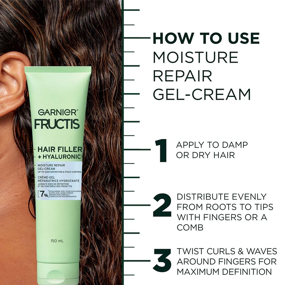Garnier Fructis Hair Filler + Hyaluronic Acid Moisture Repair Sulfate-Free Cream-Gel, for Curly and Wavy Hair, Locks In Moisture & up to 100 Hours of Frizz Control, 150ml, Fill curly hair with moisture