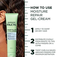 Garnier Fructis Hair Filler + Hyaluronic Acid Moisture Repair Sulfate-Free Cream-Gel, for Curly and Wavy Hair, Locks In Moisture & up to 100 Hours of Frizz Control, 150ml, Fill curly hair with moisture