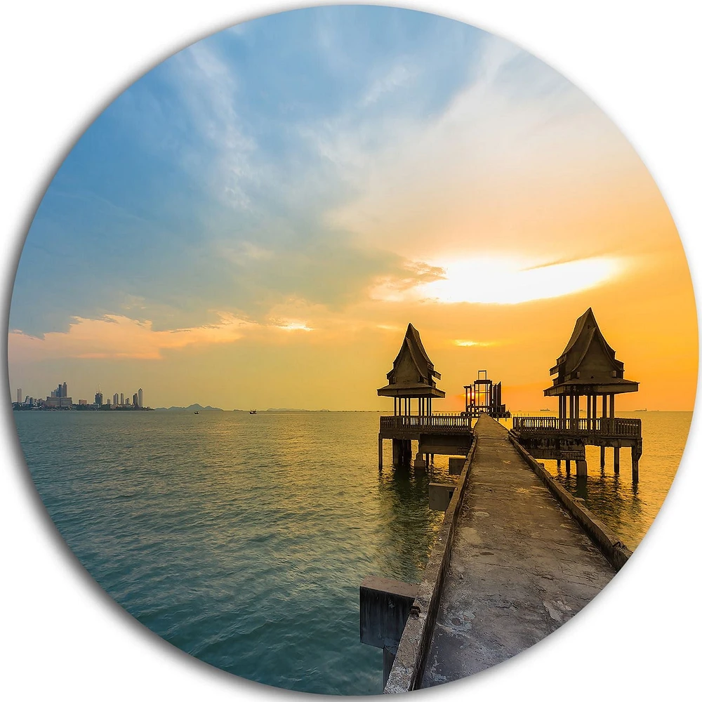 Design Art Walking Path to Temple in The Sea' Ultra Glossy Sea Bridge Metal Circle Wall Art