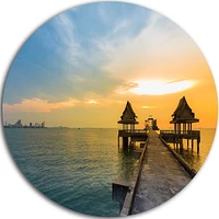 Design Art Walking Path to Temple in The Sea' Ultra Glossy Sea Bridge Metal Circle Wall Art