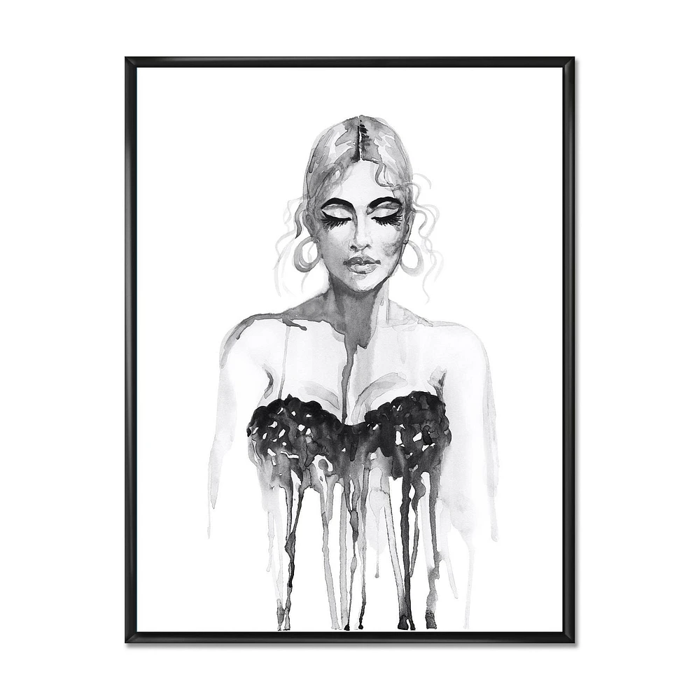 Designart Portrait monochrome de femme portant une robe de soirée ART MURAL À CADRE FLOTTÉ