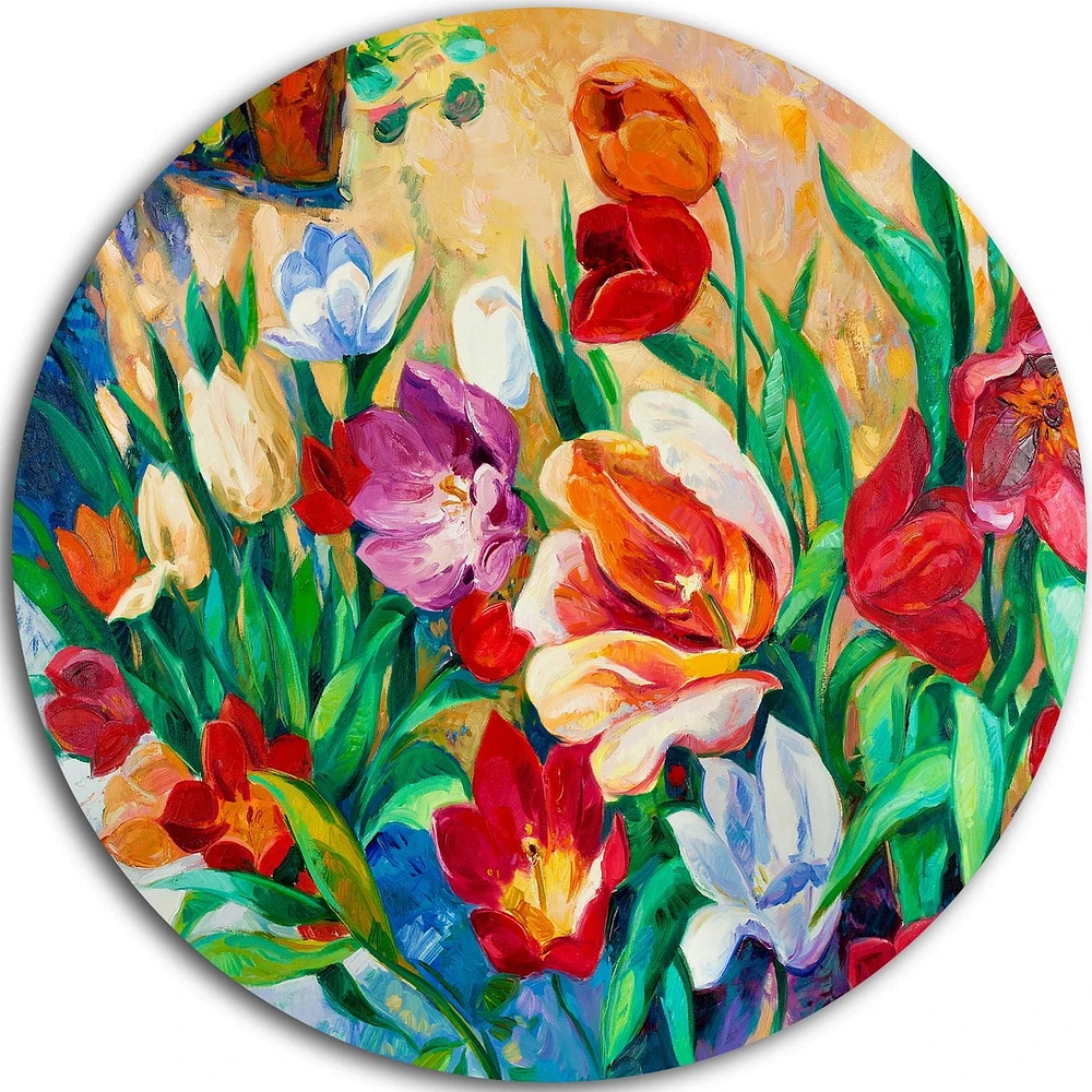 Design Art Bouquet of Colourful Flowers' Ultra Glossy Floral Metal Circle Wall Art
