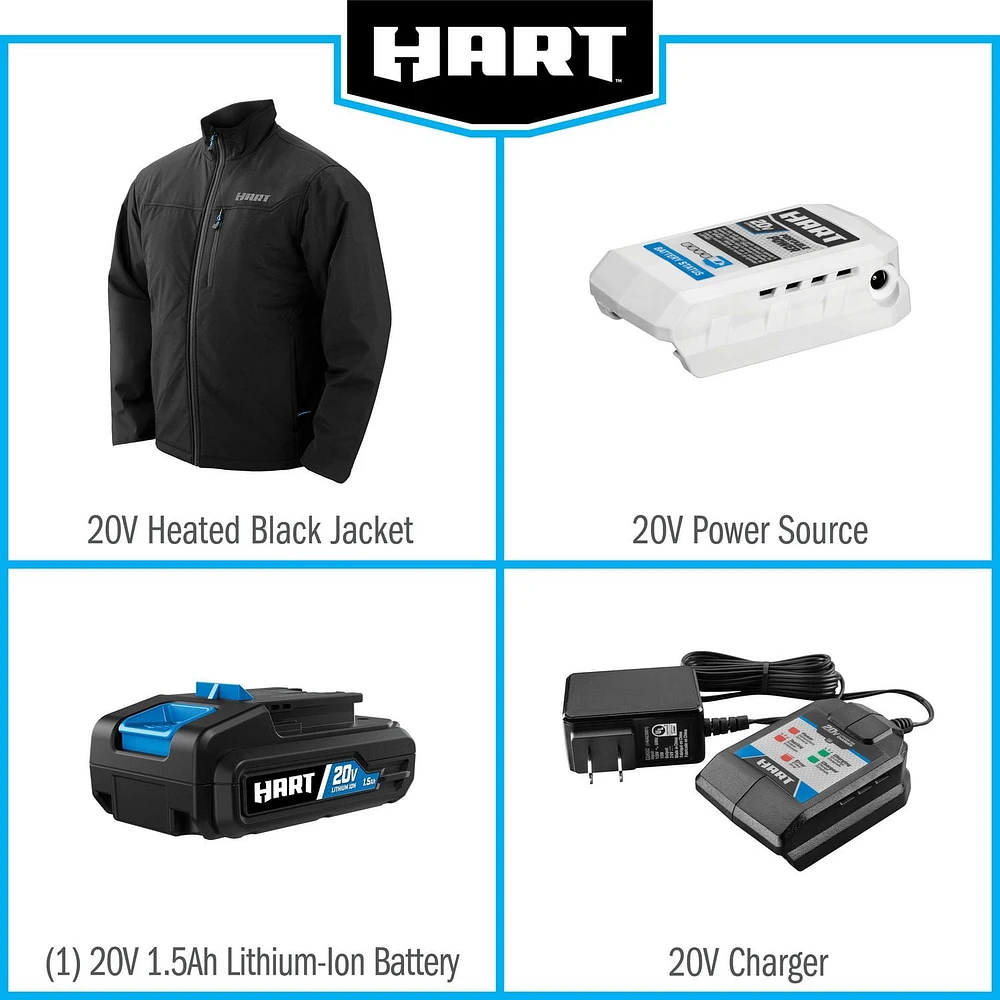 HART Ensemble de veste chauffante pour homme de 20 volts pour travaux moyens avec batterie, noire, M-XL