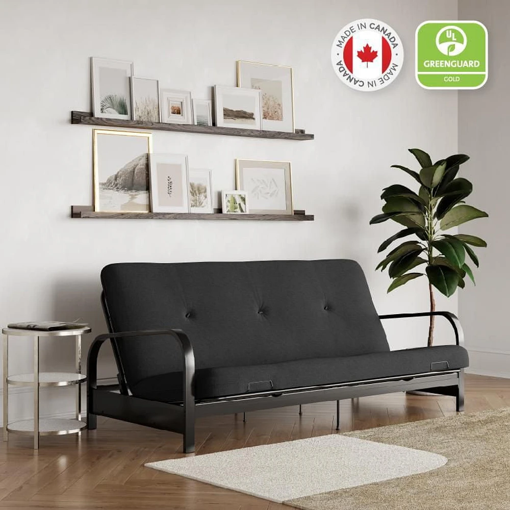Mainstays Black Metal Arm Futon Frame with 6 inch Full Size Mattress & Retainer Covers, Futon with mattress