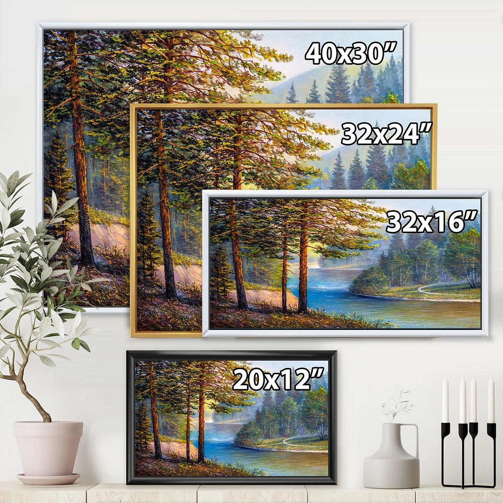 Designart Lumière du soleil du matin à travers la forêt de pins et de sapins ART MURAL À CADRE FLOTT