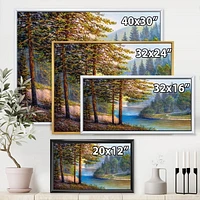 Designart Lumière du soleil du matin à travers la forêt de pins et de sapins ART MURAL À CADRE FLOTT