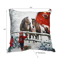 Christmas Led Velvet Cushion Children Feeding Horses 18X18 - Set of 2