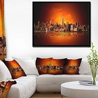 Design Art New York City Panorama in Red Light Framed Canvas Art Print
