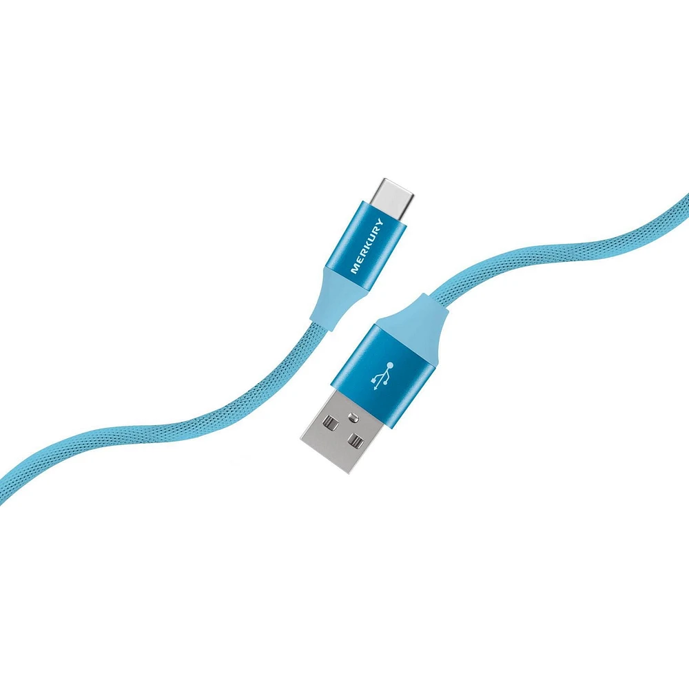 Câble en tissu de 6 pieds USB-A à USB-C à charge rapide et synchronisation de Merkury Innovations, bleu néon Câble en tissu USB-A vers USB-C de 6 pieds