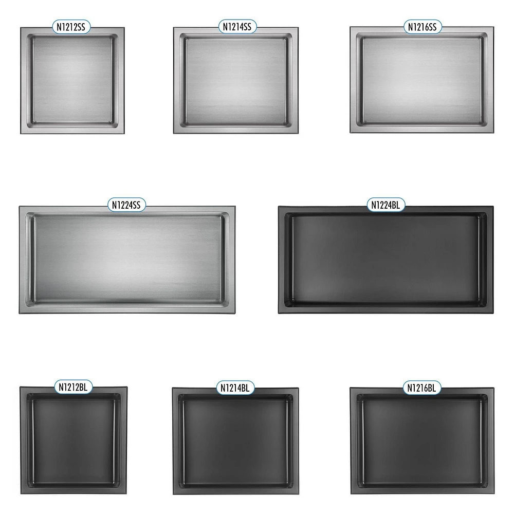 Niche de douche murale d'akuaplus® 12 po x 24 po, fait en acier inoxydable .