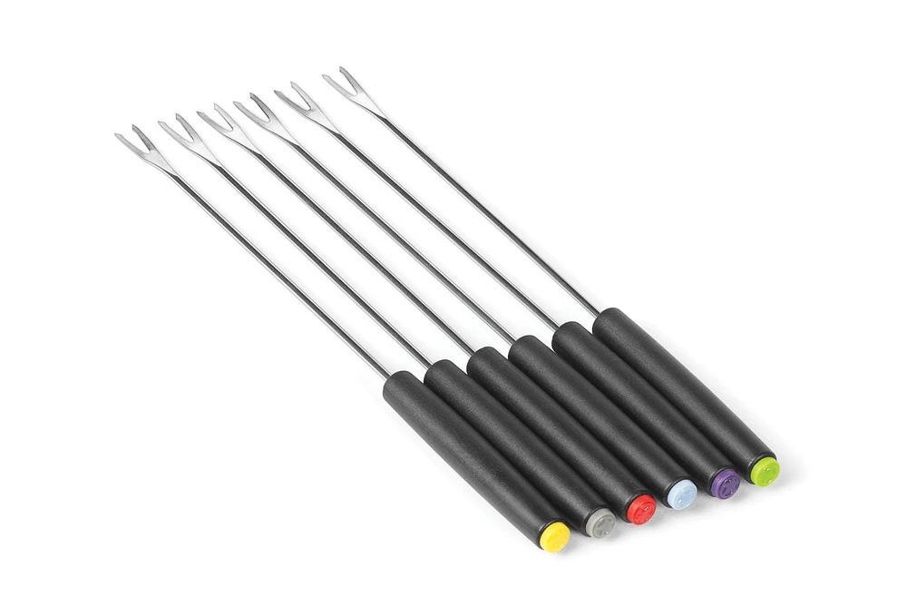 Starfrit Fondue Forks Set, 6 Stainless Steel Forks with Color-Coded Plastic Handles, 8.8 Inch Long, Dishwasher Safe, Durable, Easy Grip, Perfect for Fondue Parties and Entertaining, Set of 6 Starfrit fondue forks with durable stainless steel tines and color-coded plastic handles. Each fork measures 8.8" (22.5 cm). Dishwasher safe for easy cleaning. Perfect for sharing and enjoying fondue with friends and family.