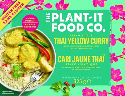 Plant It Thai Yellow Curry -  À base de plantes, sans gluten. 15g de protéines par portion, prêt en 6 minutes! Le curry jaune thaïlandais est un plat crémeux avec des morceaux de poulet servis sur du riz basmati! 15 g de protéines par portion.