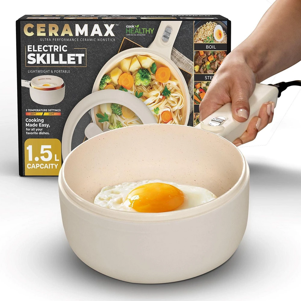Ceramax Electric Cooker Beige 1.5L Cool Touch Nonstick Ceramic Hot Pot Mini Skillet with Lid and Steamer Insert, Hot Pot Electric Skillet