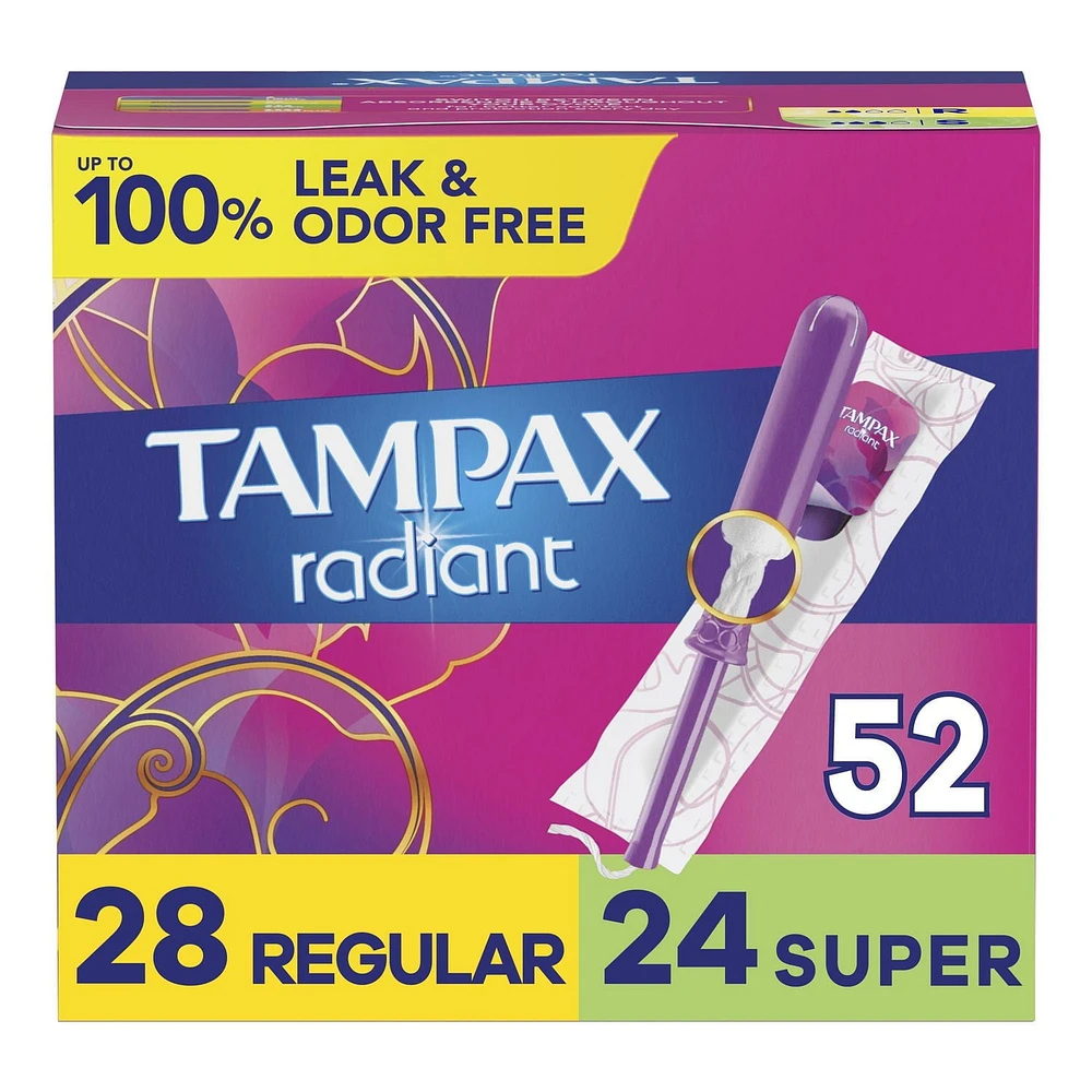 Tampons Tampax Radiant, avec tresse anti-fuites LeakGuard, degrés d’absorption régulier/super, emballage multiple, non parfumés, 52 tampons