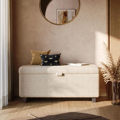 Corliving Liya Cream Boucle Upholstered Storage Ottoman with Wood Legs