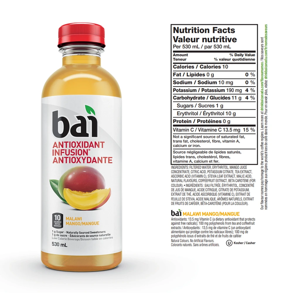 Bai Infusion antioxydante à faible teneur en calories, mangue du Malawi, 530 ml 530 ml