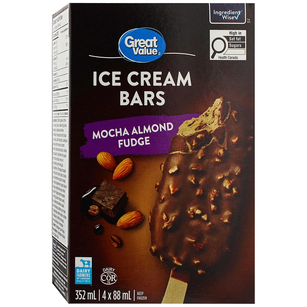 Barres de crème glacée Fudge, moka et amandes Great Value 352 mL (4 x 88 mL)