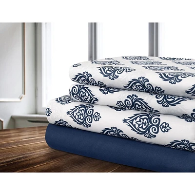 Safdie & Co. Ens. De Draps En Microfibre Tissé 4MC Q Damask Imprimé Solide Marine