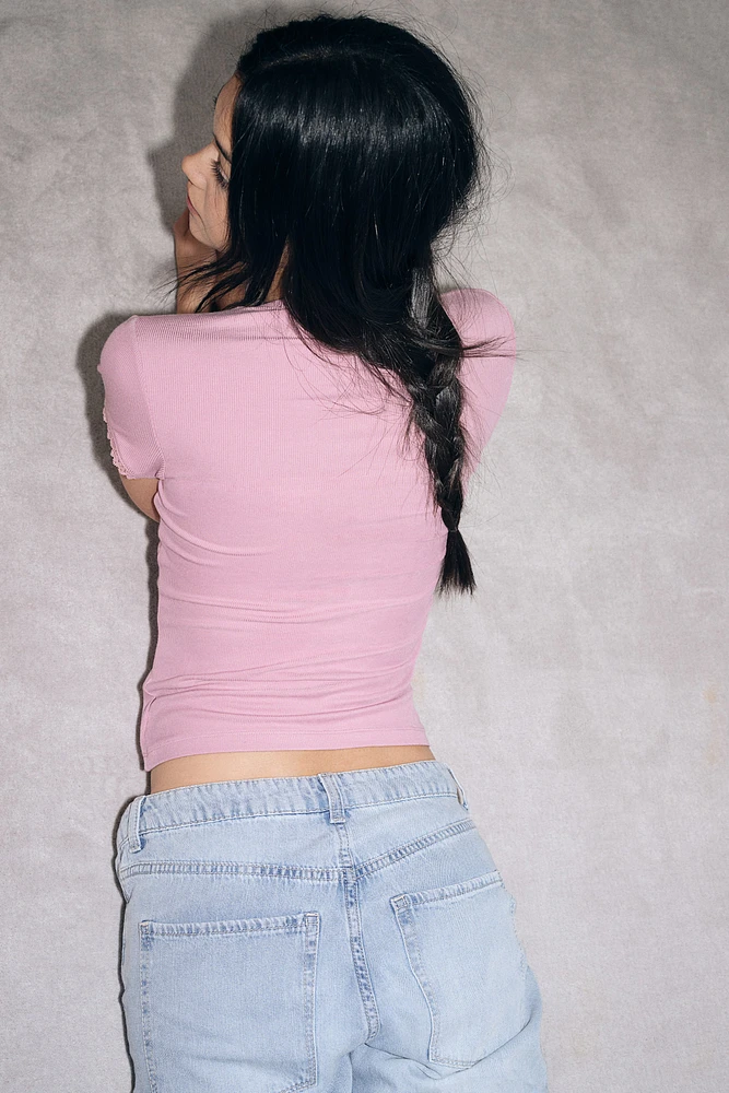Lace-Trimmed Ribbed T-Shirt