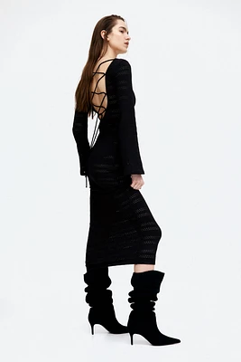 Lacing-Detail Hole-Knit Dress