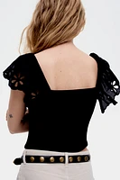 Ribbed Top with Eyelet Embroidered Detail