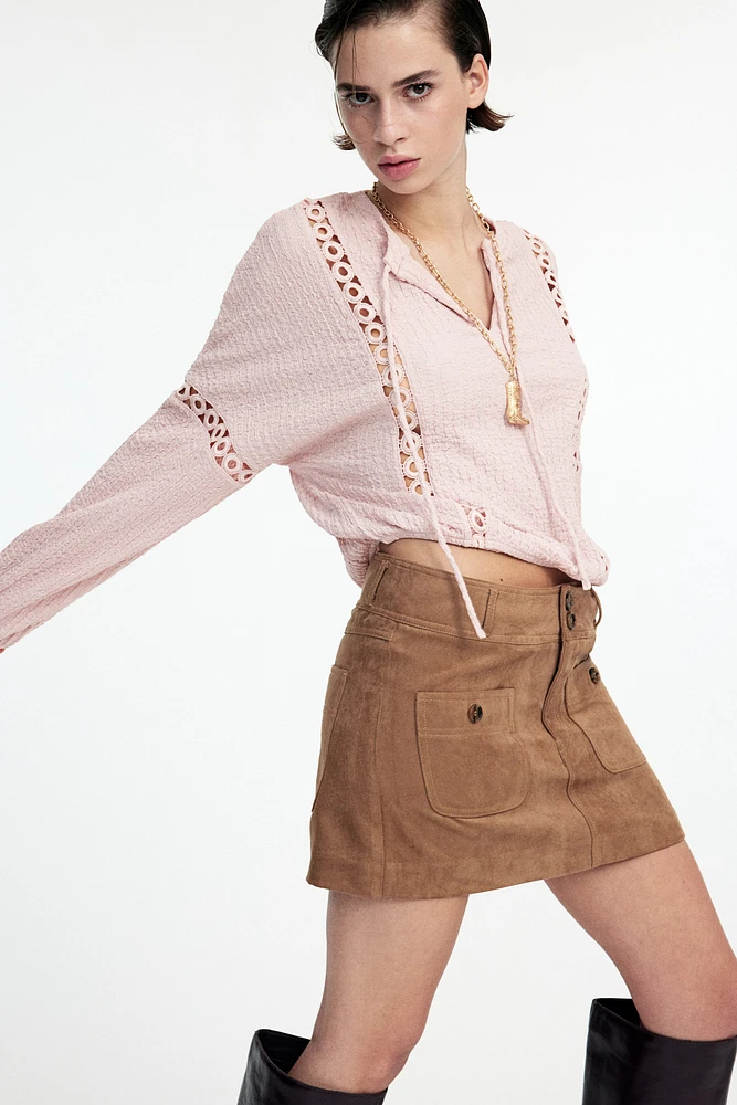 Lace-Inset Crinkled Blouse