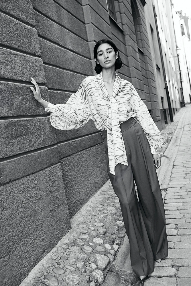 Patterned Tie-Neck Blouse