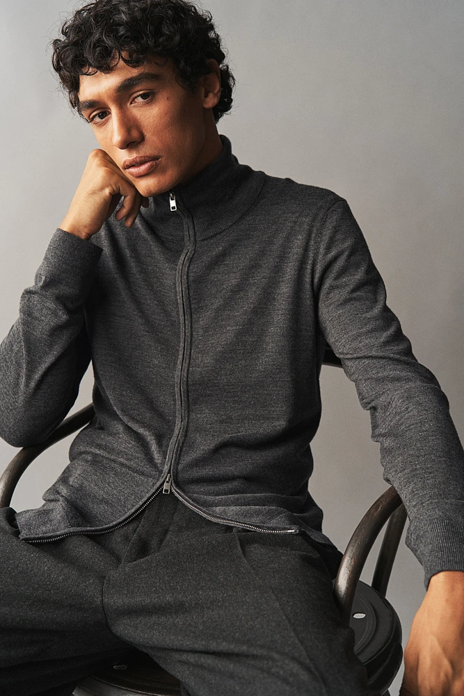 Slim Fit Merino Wool Cardigan with Zipper