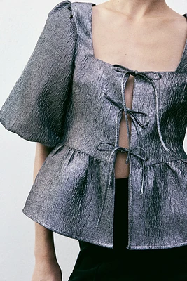 Jacquard-Weave Tie-Front Blouse