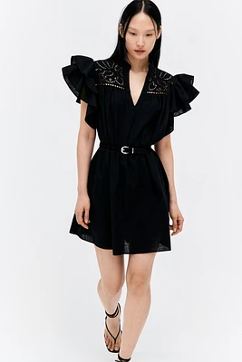 Flutter-Sleeve Dress with Eyelet Embroidery