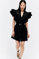 Flutter-Sleeve Dress with Eyelet Embroidery