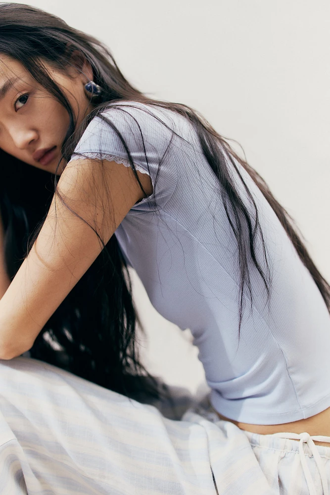 Lace-Trimmed Ribbed T-Shirt
