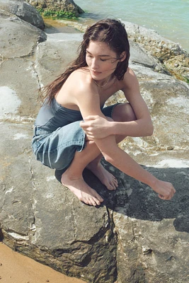 High-Waist Knee-Length Denim Shorts