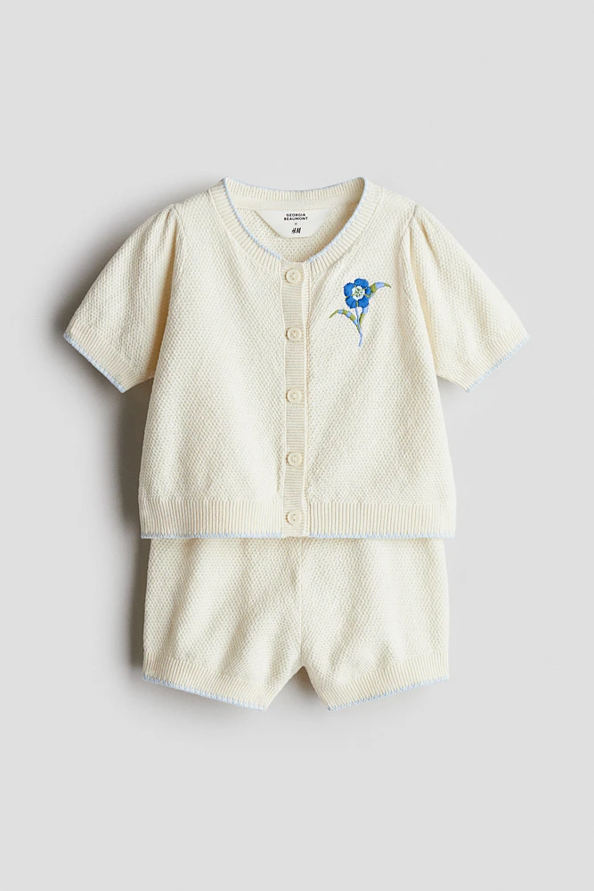 2-Piece Embroidery-Detail Moss-Knit Set