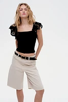 Ribbed Top with Eyelet Embroidered Detail