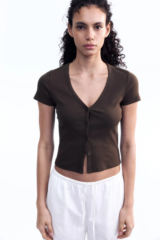 Ribbed Button-Front T-Shirt