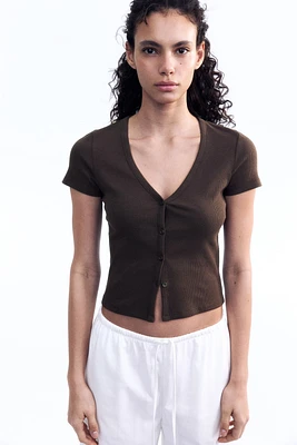 Ribbed Button-Front T-Shirt