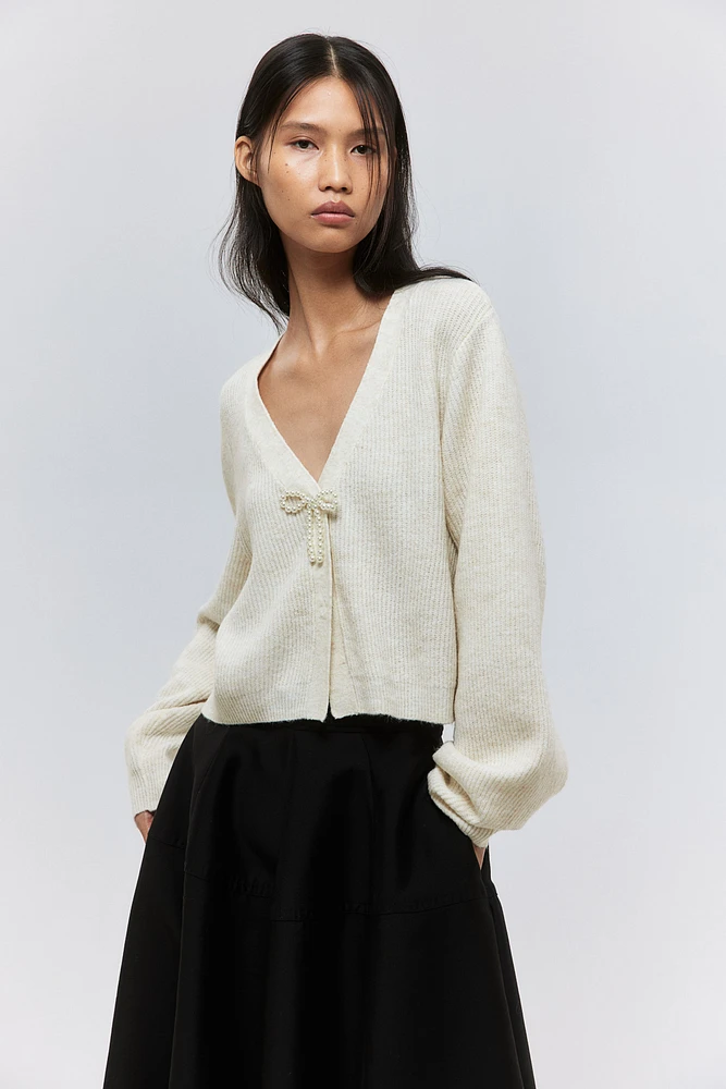 Bow-Detail Rib-Knit Cardigan