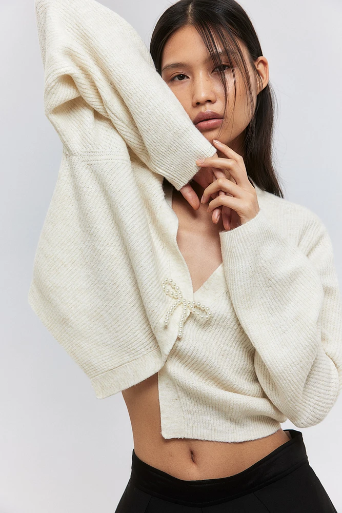 Bow-Detail Rib-Knit Cardigan