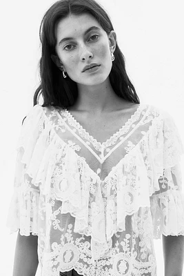 Flounce-Trimmed Lace Blouse