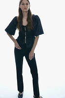 Jacquard-Weave Tie-Front Blouse