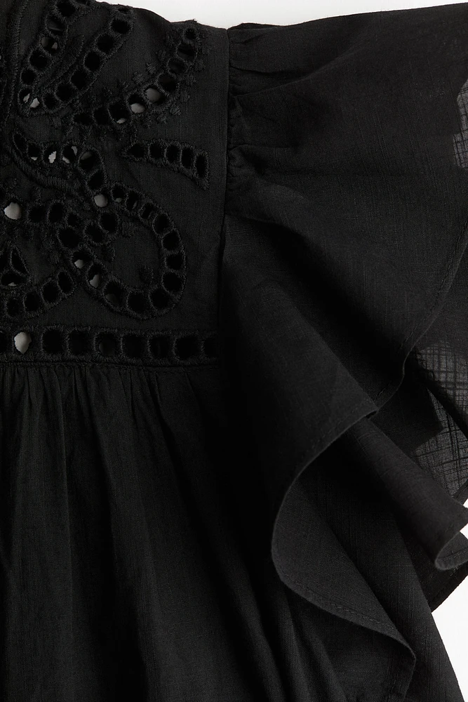 Flutter-Sleeve Dress with Eyelet Embroidery