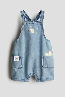 Printed Denim Overall Shorts