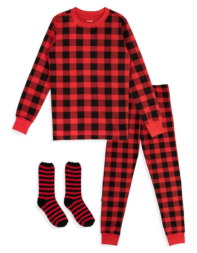 Little Boy's 3-Piece Buffalo Plaid Pyjama Set
